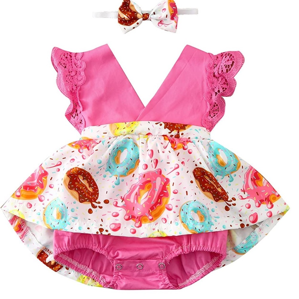Baby donut Romper Headbands Girls Summer Edge Print Romper